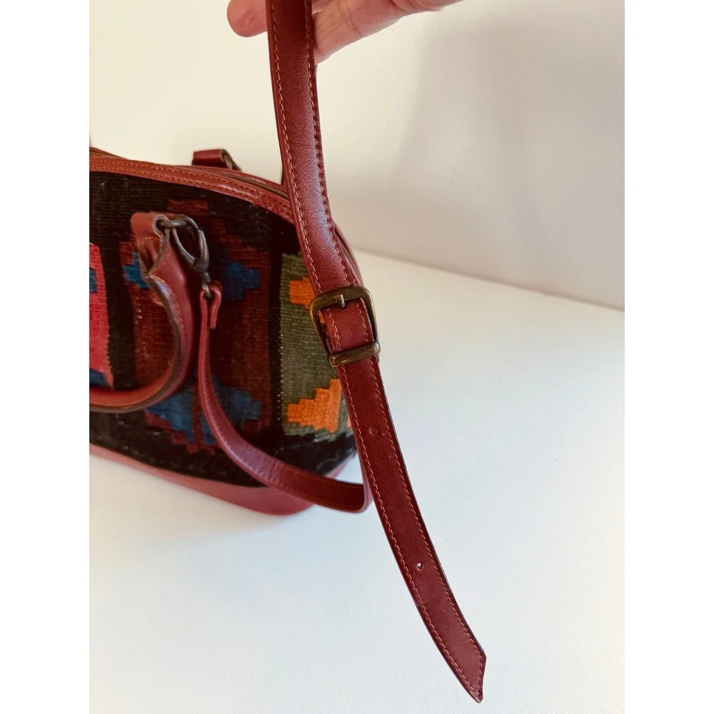 Kilim Rug Leather Satchel Crossbody Bag Boho Southwestern Tribal Purse